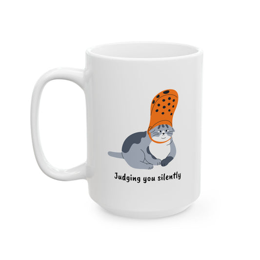 Judging You Silently Ceramic Mug – Cat & Croc Edition, 11oz / 15oz, Dishwasher Safe, Funny Gift for Cat Lovers