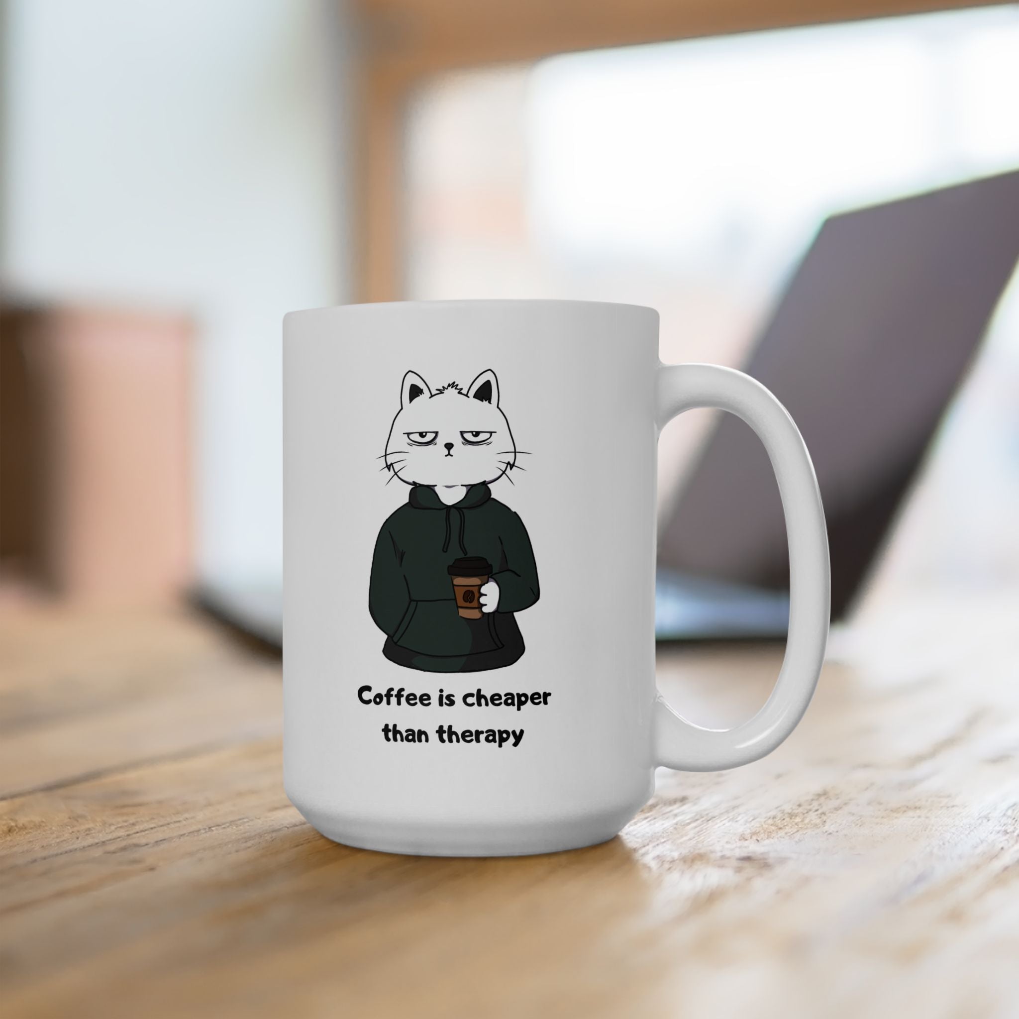 "Coffee Is Cheaper Than Therapy" Ceramic Mug – 11oz / 15oz Hoodie Cat Edition