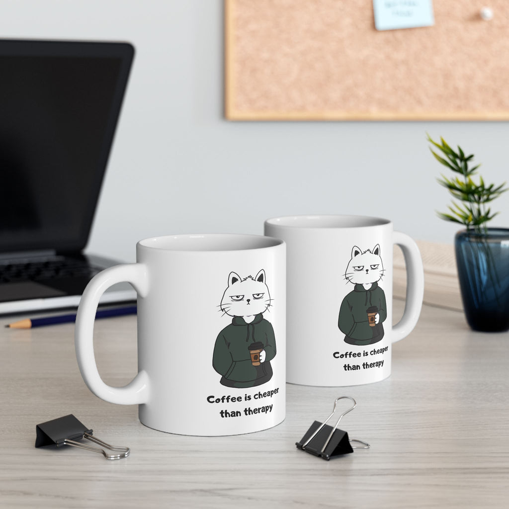 "Coffee Is Cheaper Than Therapy" Ceramic Mug – 11oz / 15oz Hoodie Cat Edition