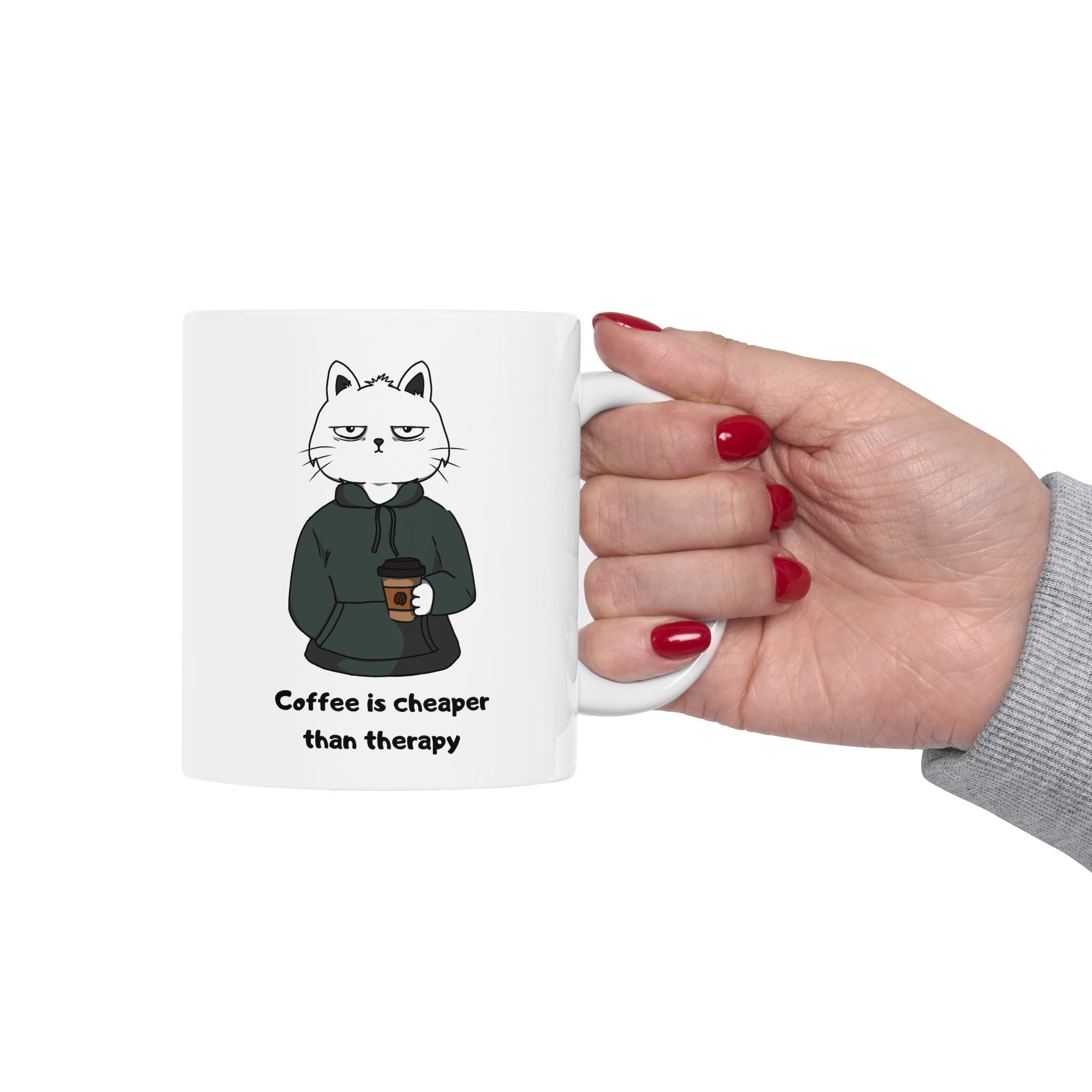 "Coffee Is Cheaper Than Therapy" Ceramic Mug – 11oz / 15oz Hoodie Cat Edition