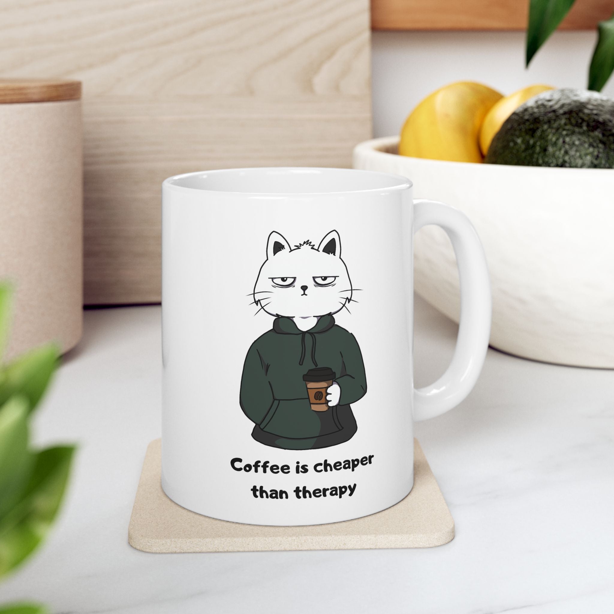 "Coffee Is Cheaper Than Therapy" Ceramic Mug – 11oz / 15oz Hoodie Cat Edition