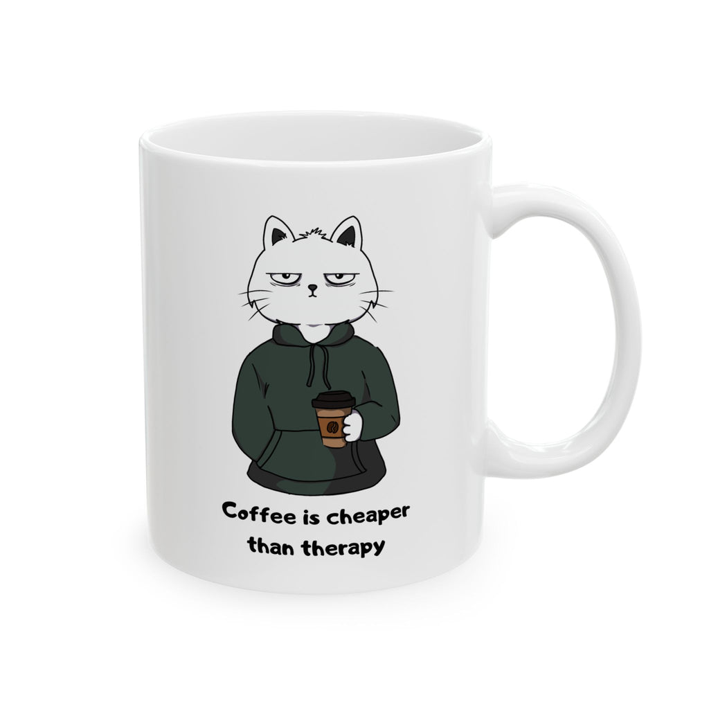 "Coffee Is Cheaper Than Therapy" Ceramic Mug – 11oz / 15oz Hoodie Cat Edition