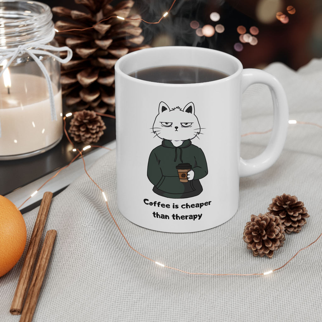 "Coffee Is Cheaper Than Therapy" Ceramic Mug – 11oz / 15oz Hoodie Cat Edition