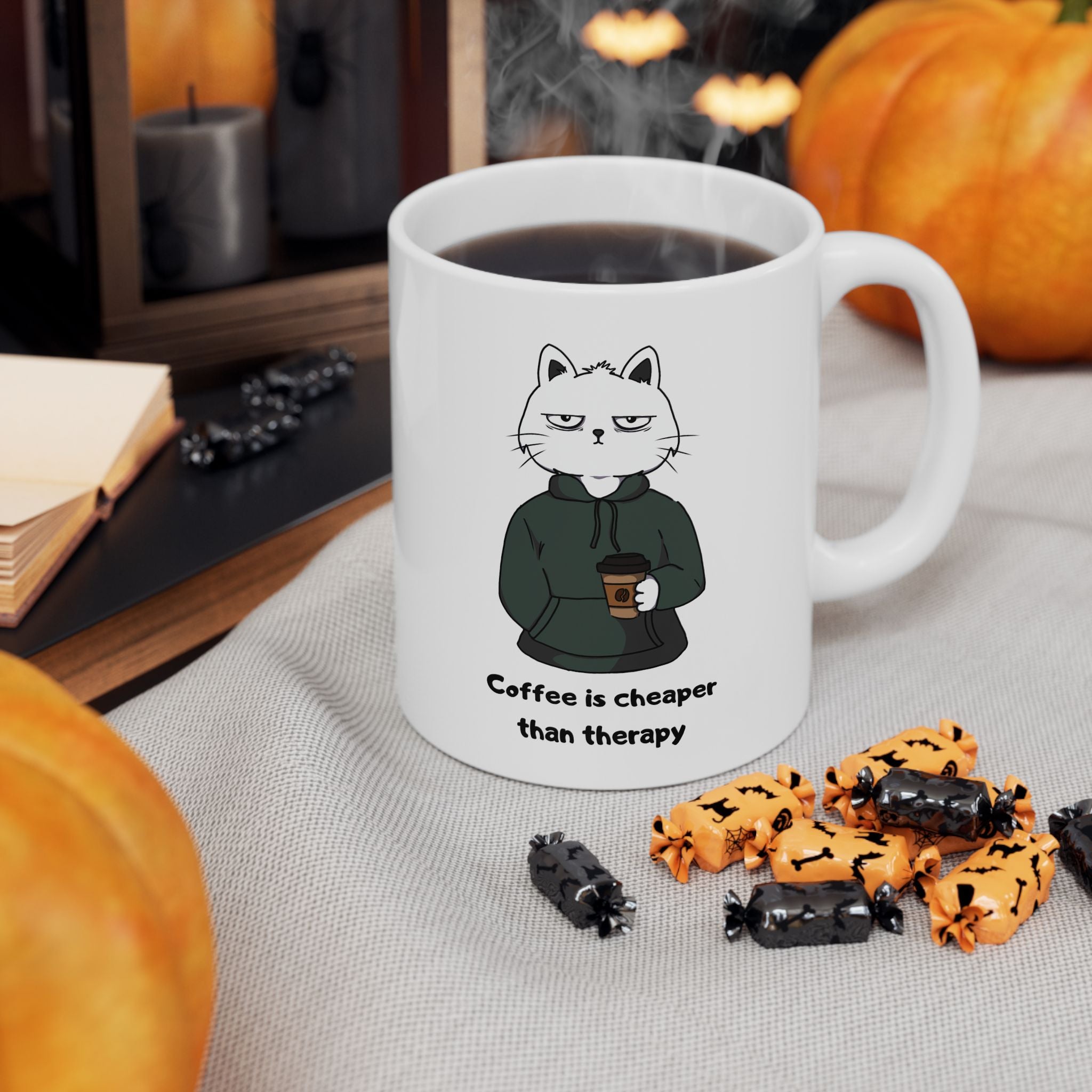 "Coffee Is Cheaper Than Therapy" Ceramic Mug – 11oz / 15oz Hoodie Cat Edition